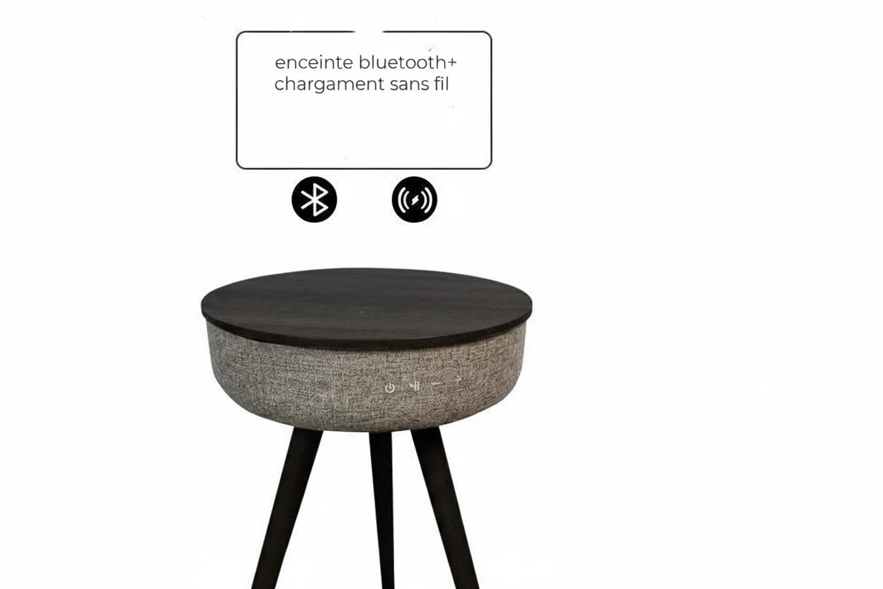Table d’Appoint Intelligente avec Recharge Sans Fil et Haut-Parleur Bluetooth