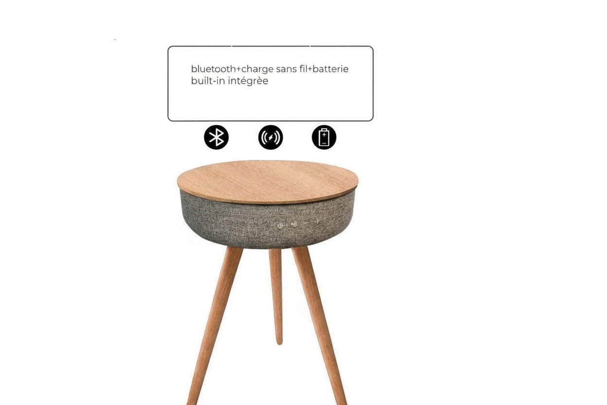 Table d’Appoint Intelligente avec Recharge Sans Fil et Haut-Parleur Bluetooth