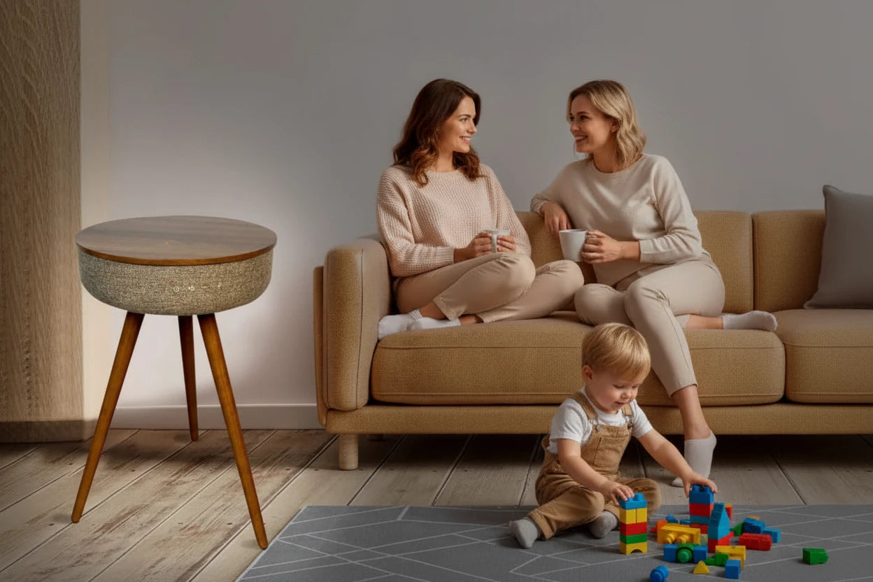 Table d’Appoint Intelligente avec Recharge Sans Fil et Haut-Parleur Bluetooth