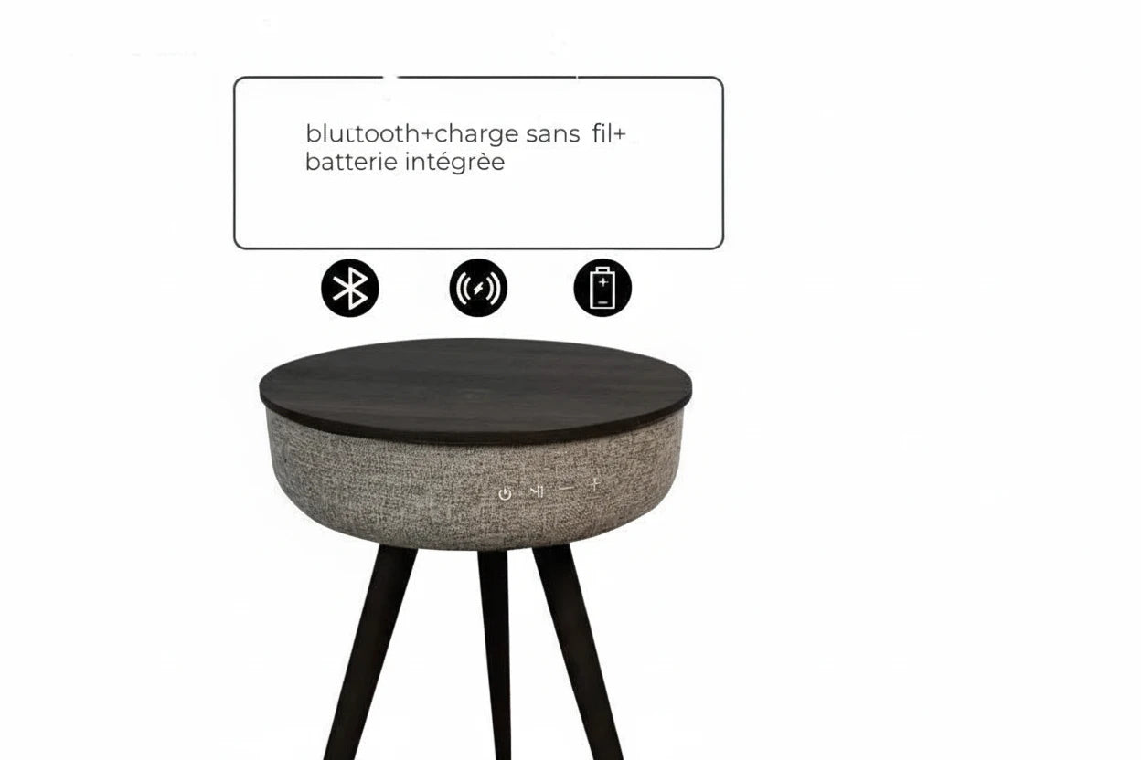 Table d’Appoint Intelligente avec Recharge Sans Fil et Haut-Parleur Bluetooth