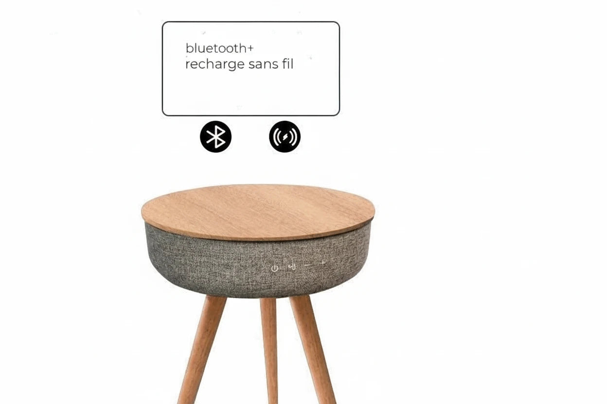 Table d’Appoint Intelligente avec Recharge Sans Fil et Haut-Parleur Bluetooth