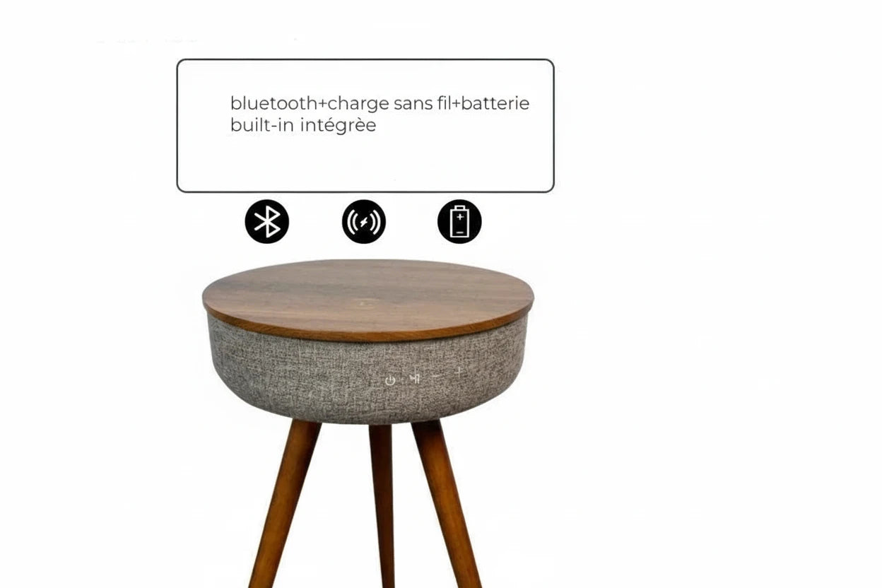 Table d’Appoint Intelligente avec Recharge Sans Fil et Haut-Parleur Bluetooth